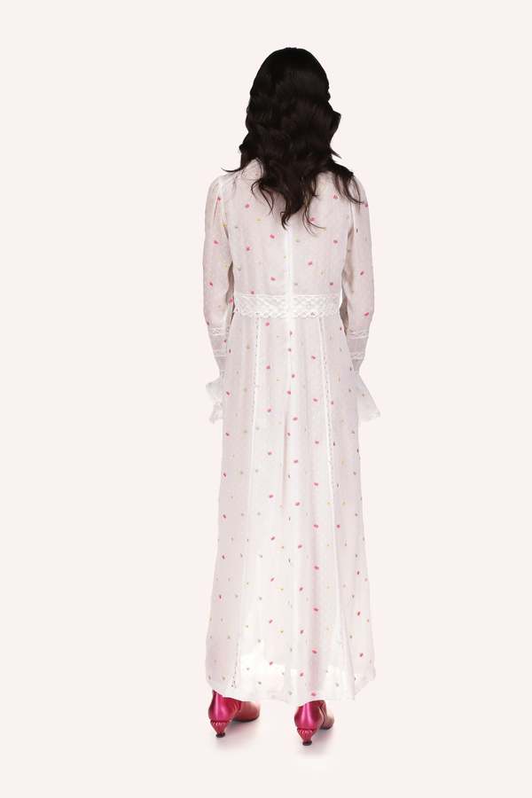 Anna Sui Cluny Lace Trimmed Floral Swiss Dot Maxi Dress - White Multi