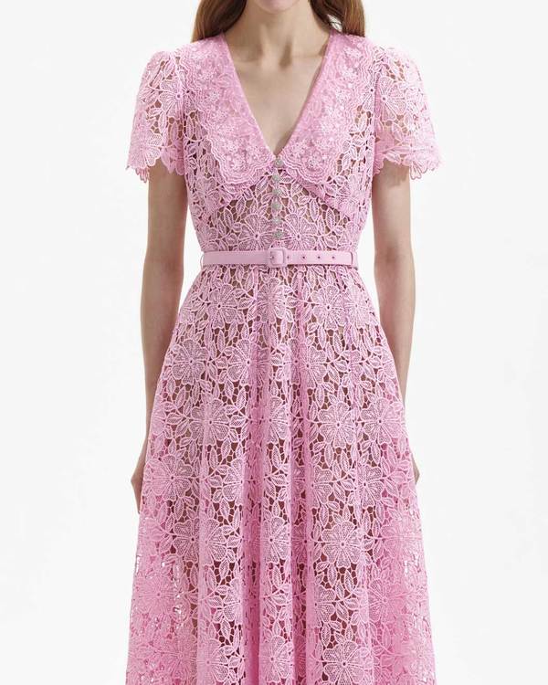knee length dresses for ladies Pink Tailored Lace Midi Dress