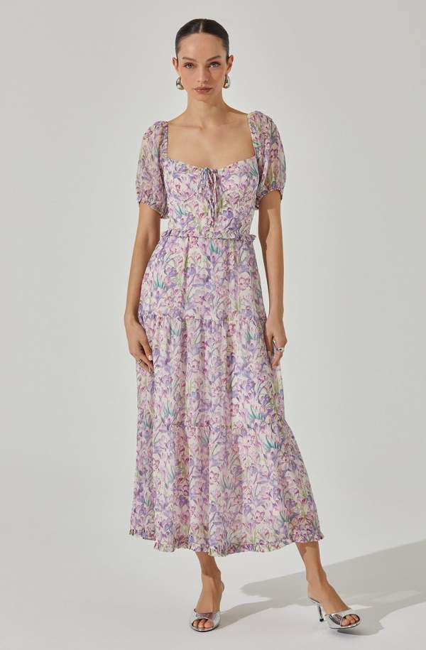 fitted lace wedding dress Astr The Label | Symone Floral Godet Midi Dress in Purple Floral main image 1