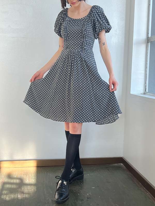 Vintage Prada Puff Sleeve Silk Dotted Dress - Grey/White Polkadot