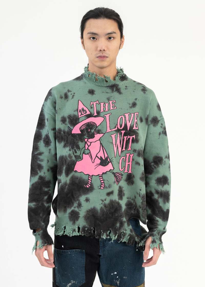 KIDILL☆ DESTROY PULLOVER KNIT Kidill GREEN DESTROY KNIT THE LOVE WITCH PRINT PULLOVER