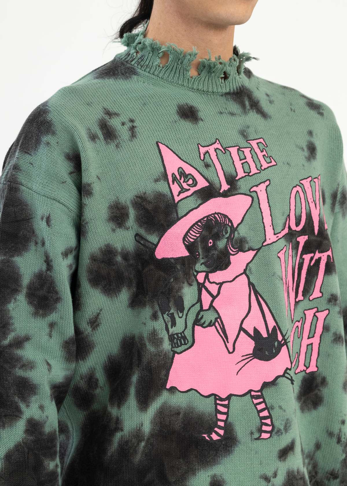 Kidill GREEN DESTROY KNIT THE LOVE WITCH PRINT PULLOVER