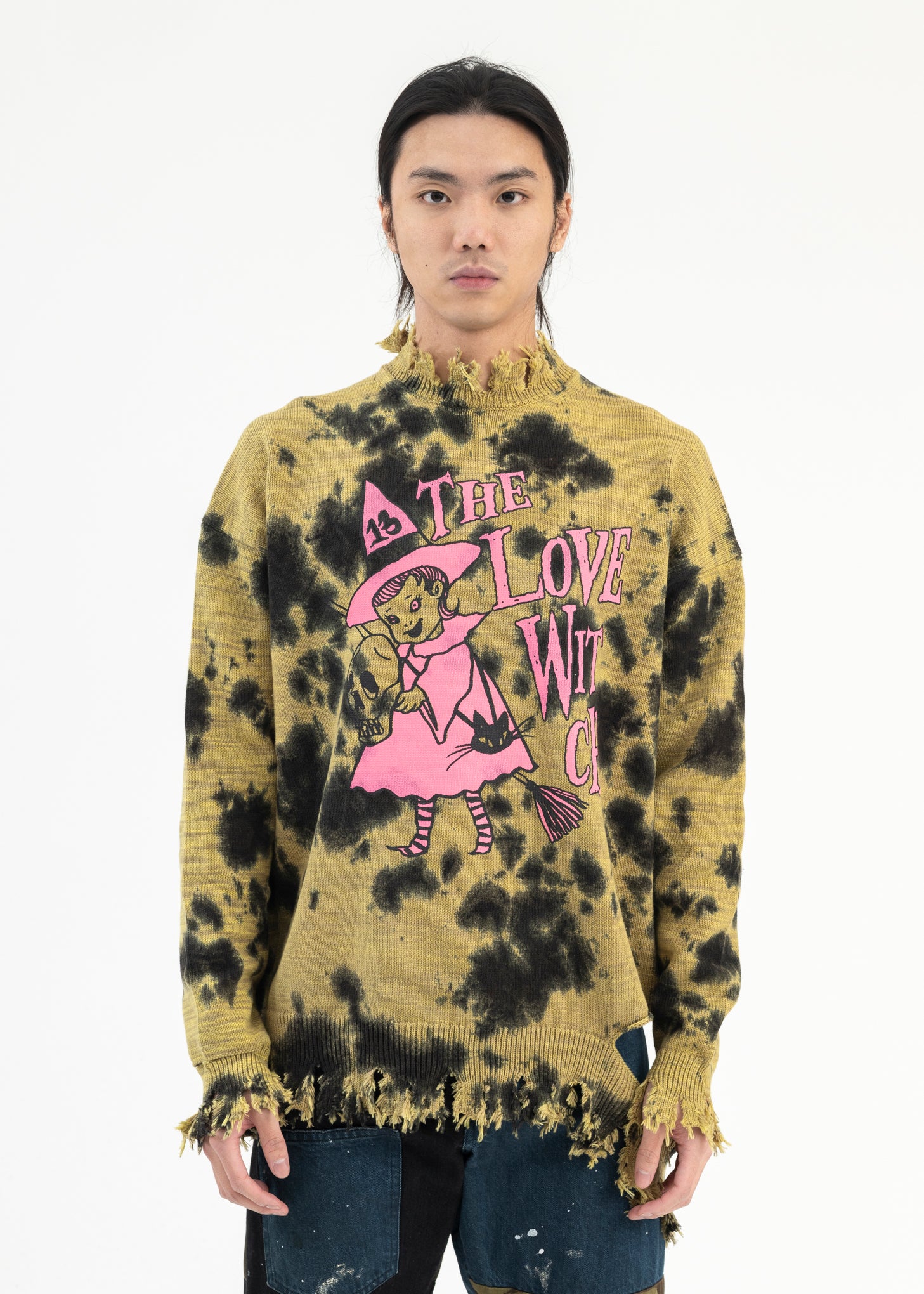 Kidill YELLOW DESTROY KNIT THE LOVE WITCH PRINT PULLOVER