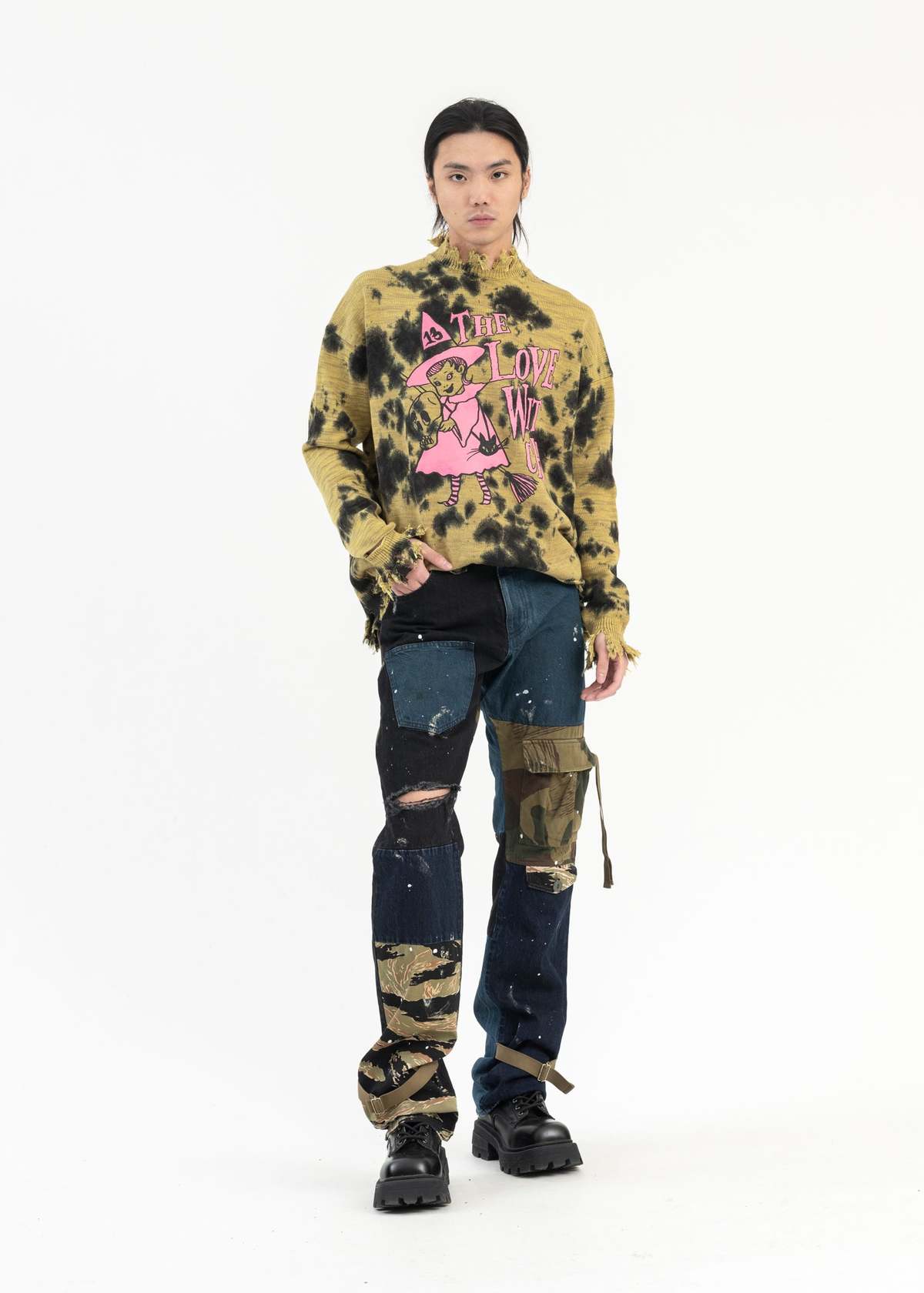 Kidill YELLOW DESTROY KNIT THE LOVE WITCH PRINT PULLOVER