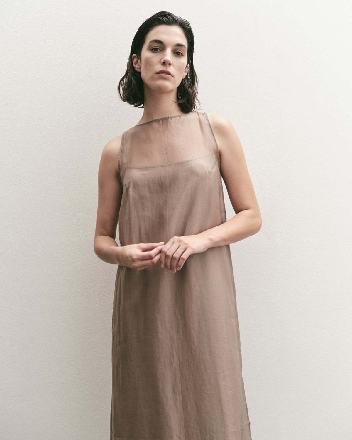 [Margesherwood] / ☆ SILKY ORGANZA DRESS / beige KAAREM - Grain Printed Organza Silk Dress - Orange Veinstone