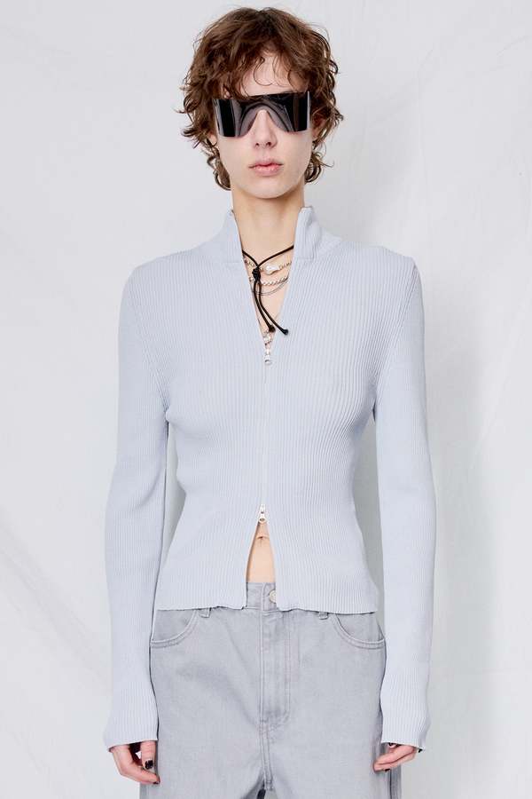 AMOMENTO☆24SS RIBBED MOCK NECK CARDIGAN AMOMENTO Ribbed Mockneck Cardigan - Light Blue | Garmentory