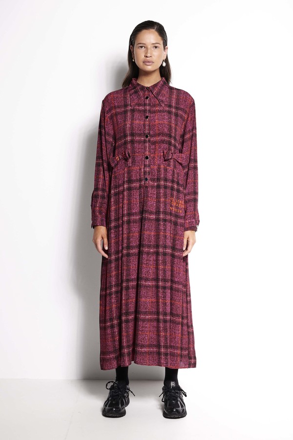 Salasai La Rosa Full Length Long Sleeve Collared Dress - Mulberry Tweed Check