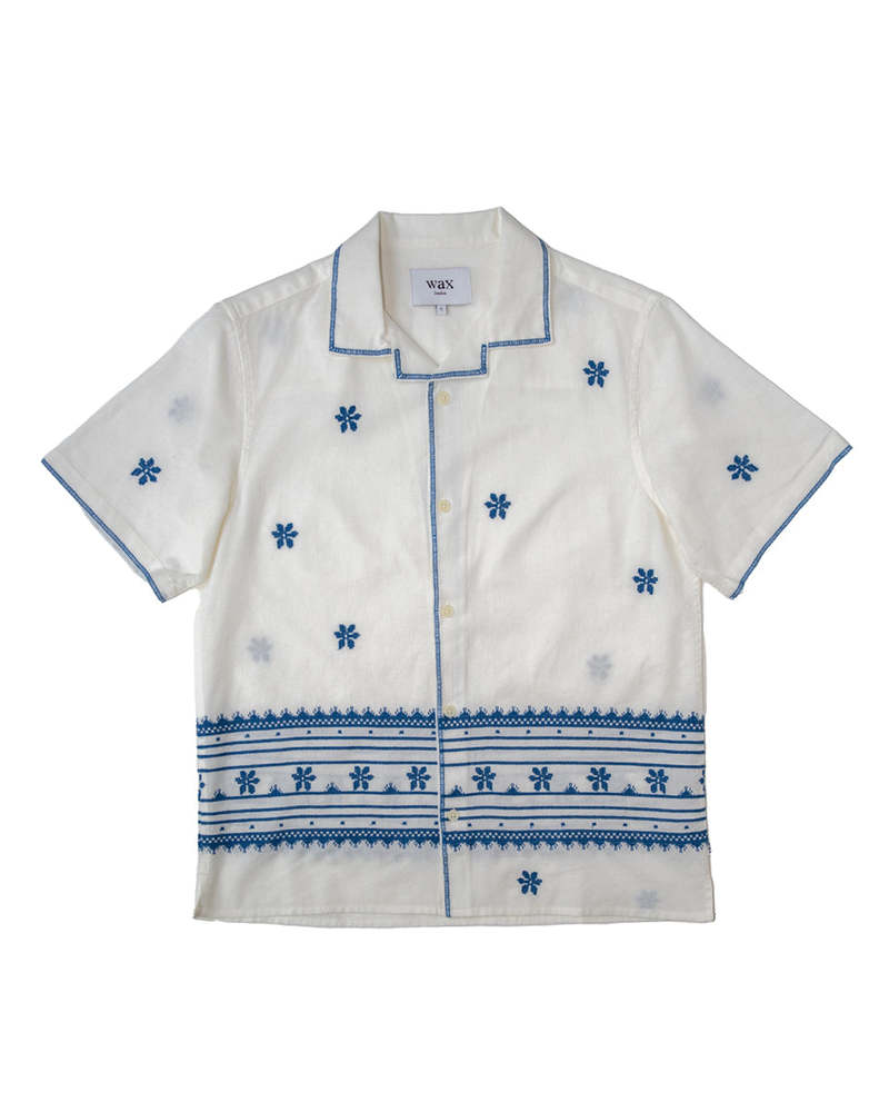 Wax London Didcot Shirt - Daisy Embroidery Ecru/Blue