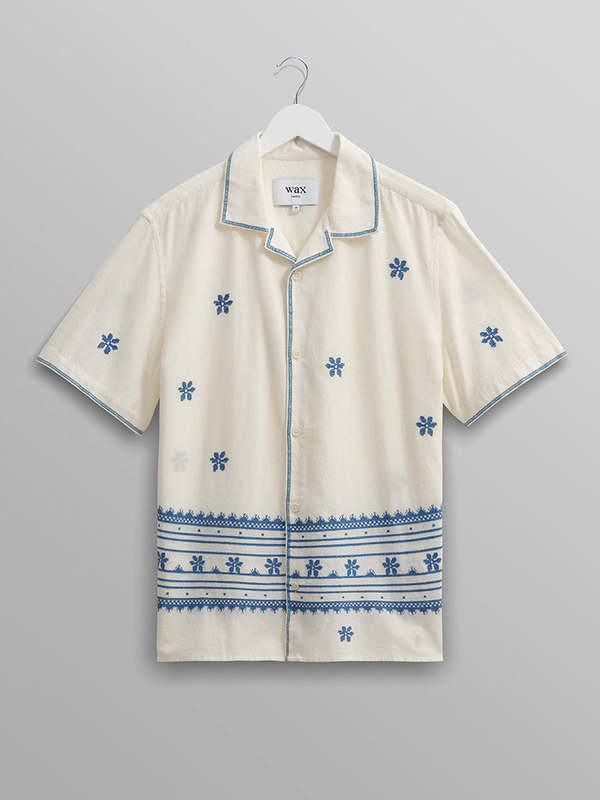 Wax London Didcot Shirt - Daisy Embroidery Ecru/Blue