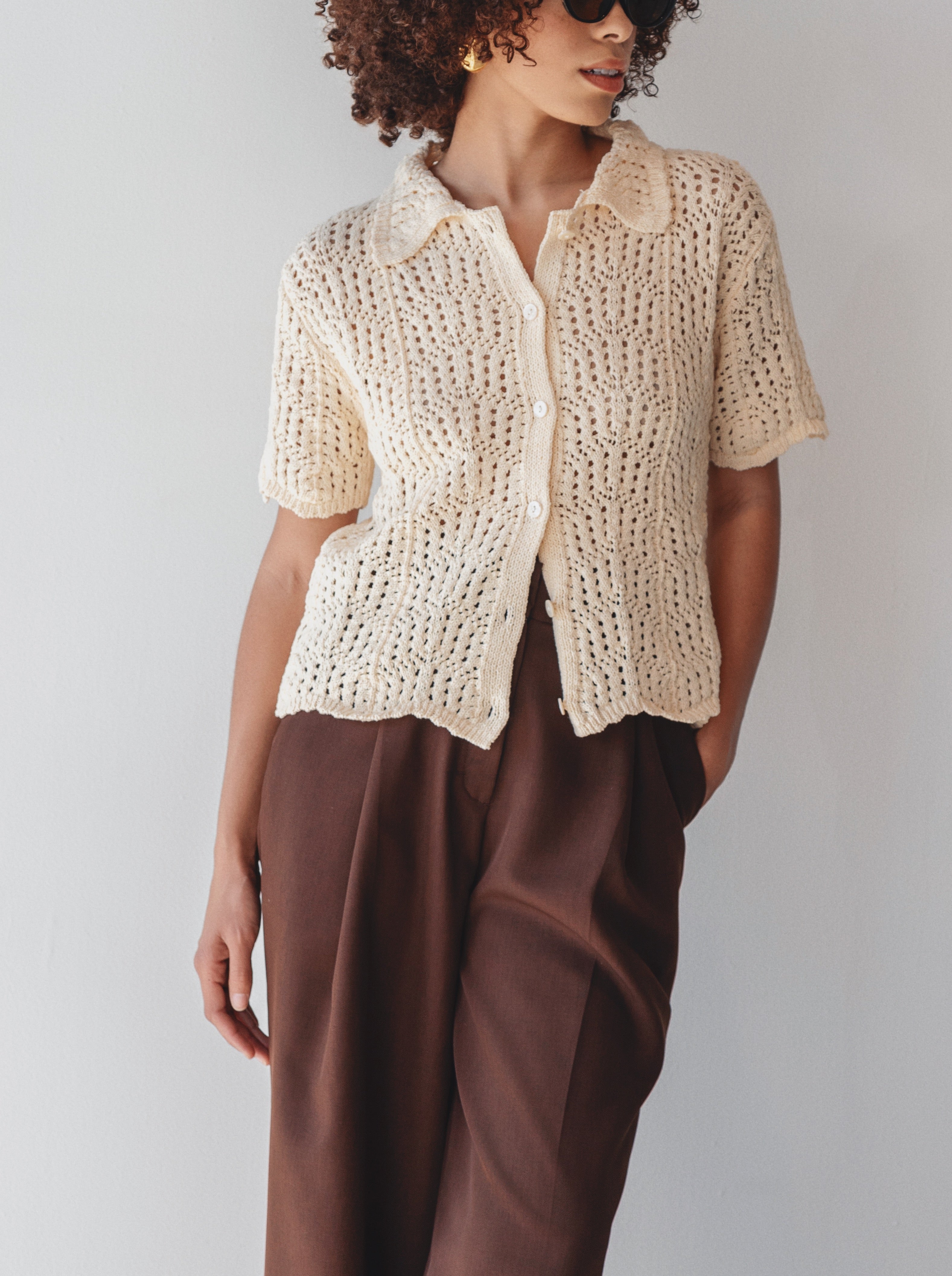 Line & Dot Crochet Short Sleeve Top - Cream | Garmentory