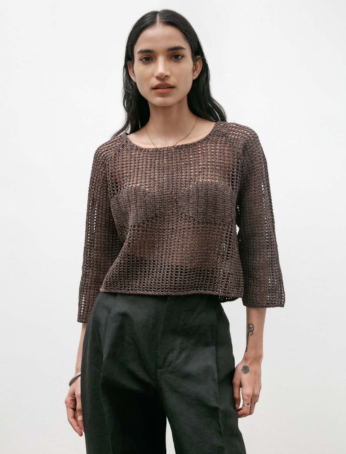 CristaSeya Washi Paper Fishnet Top - Brown | Garmentory CristaSeya Washi Paper Fishnet Top - Brown | Garmentory