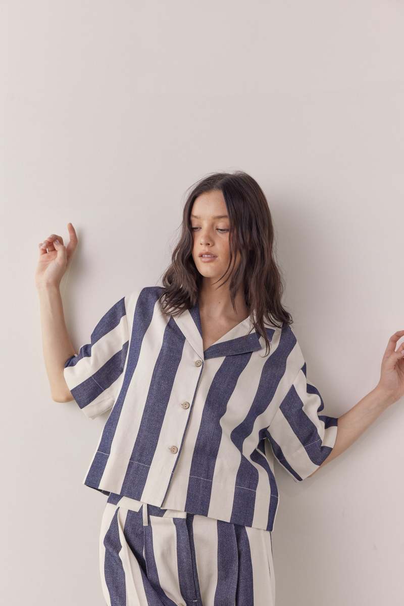 Amente Striped Half Sleeve Cotton Shirt - Natural/Denim Amente Striped Half Sleeve Cotton Shirt - Natural/Denim