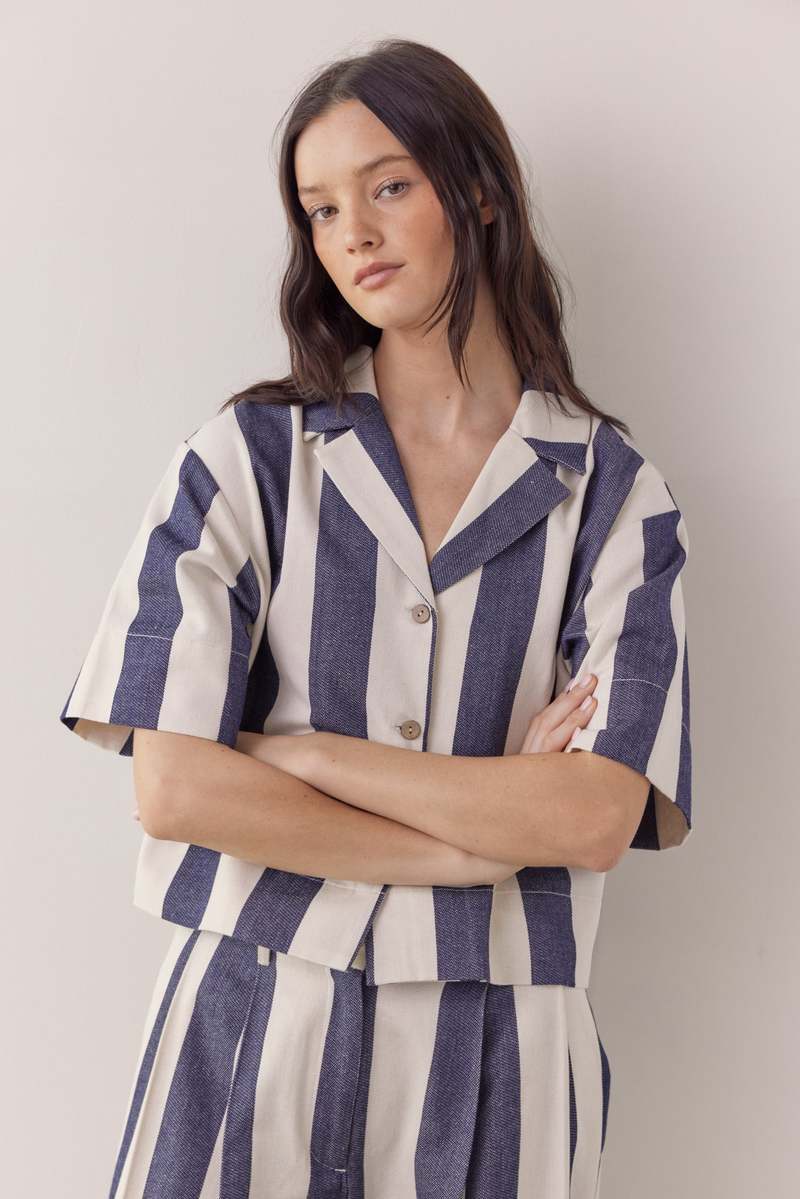 Amente Striped Half Sleeve Cotton Shirt - Natural/Denim Amente Striped Half Sleeve Cotton Shirt - Natural/Denim