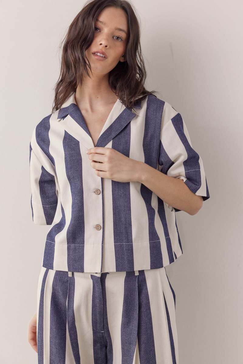 Amente Striped Half Sleeve Cotton Shirt - Natural/Denim Amente Striped Half Sleeve Cotton Shirt - Natural/Denim