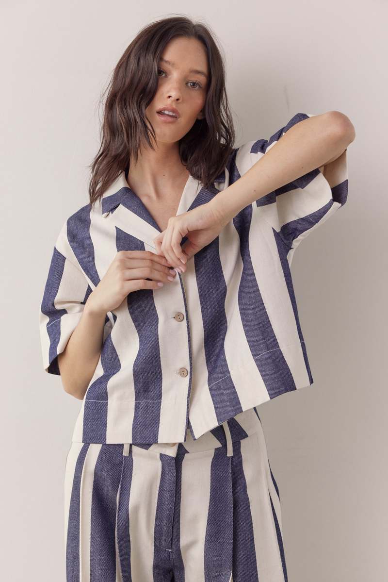 Amente Striped Half Sleeve Cotton Shirt - Natural/Denim Amente Striped Half Sleeve Cotton Shirt - Natural/Denim