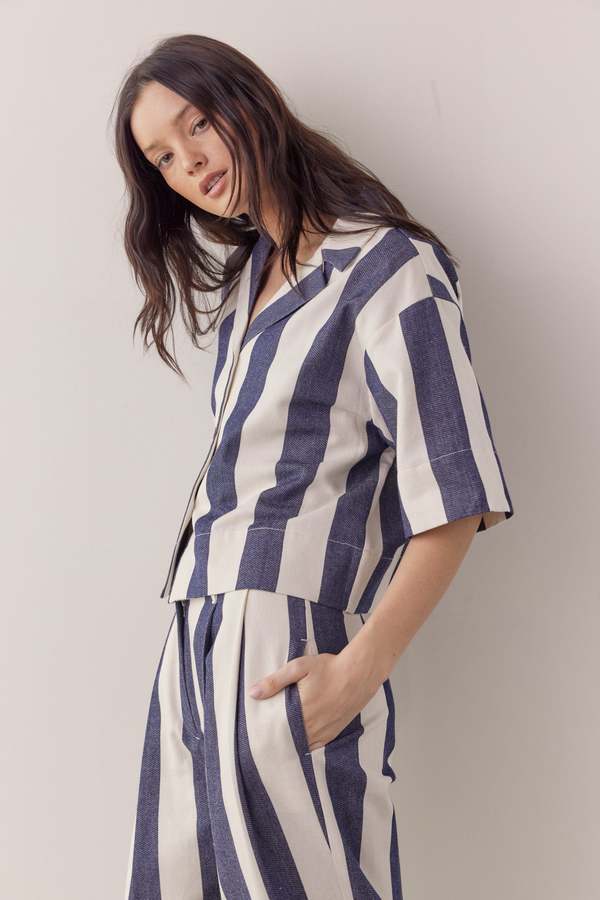 Amente Striped Half Sleeve Cotton Shirt - Natural/Denim Amente Striped Half Sleeve Cotton Shirt - Natural/Denim
