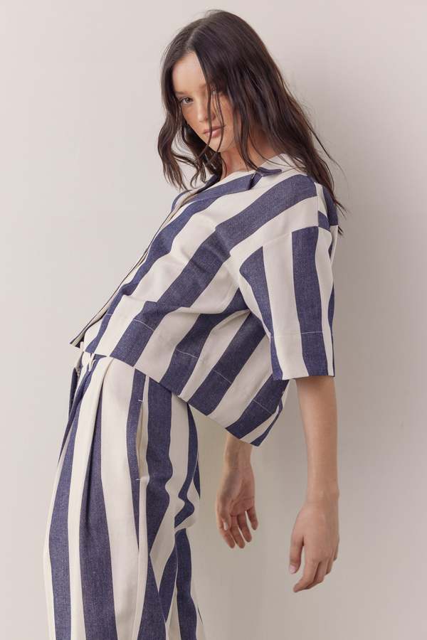 Amente Striped Half Sleeve Cotton Shirt - Natural/Denim Amente Striped Half Sleeve Cotton Shirt - Natural/Denim