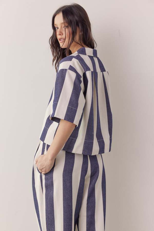 Amente Striped Half Sleeve Cotton Shirt - Natural/Denim Amente Striped Half Sleeve Cotton Shirt - Natural/Denim