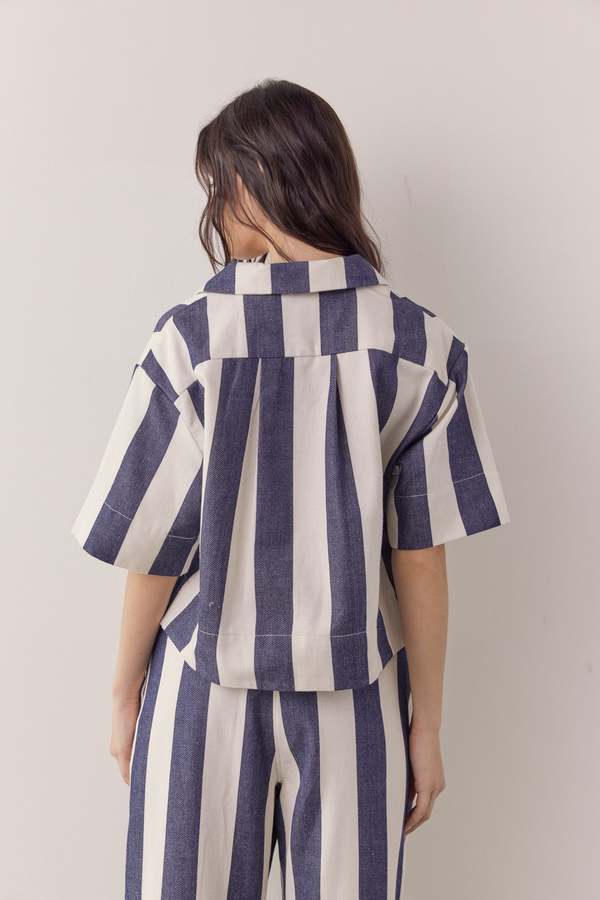 Amente Striped Half Sleeve Cotton Shirt - Natural/Denim Amente Striped Half Sleeve Cotton Shirt - Natural/Denim