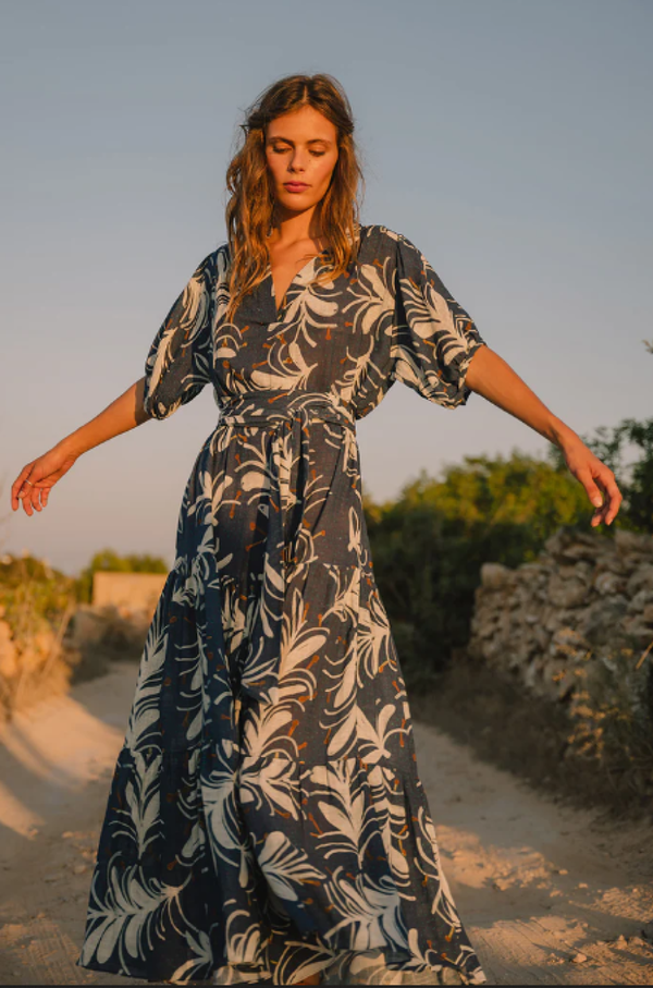 Soler London Villamarie Tier Ankle Length Dress - Leaf Indigo | Garmentory Soler London Villamarie Tier Ankle Length Dress - Leaf Indigo | Garmentory