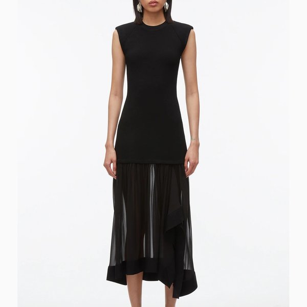 3.1 Phillip Lim Compact Rib Dress with Chiffon Skirt - Black | Garmentory