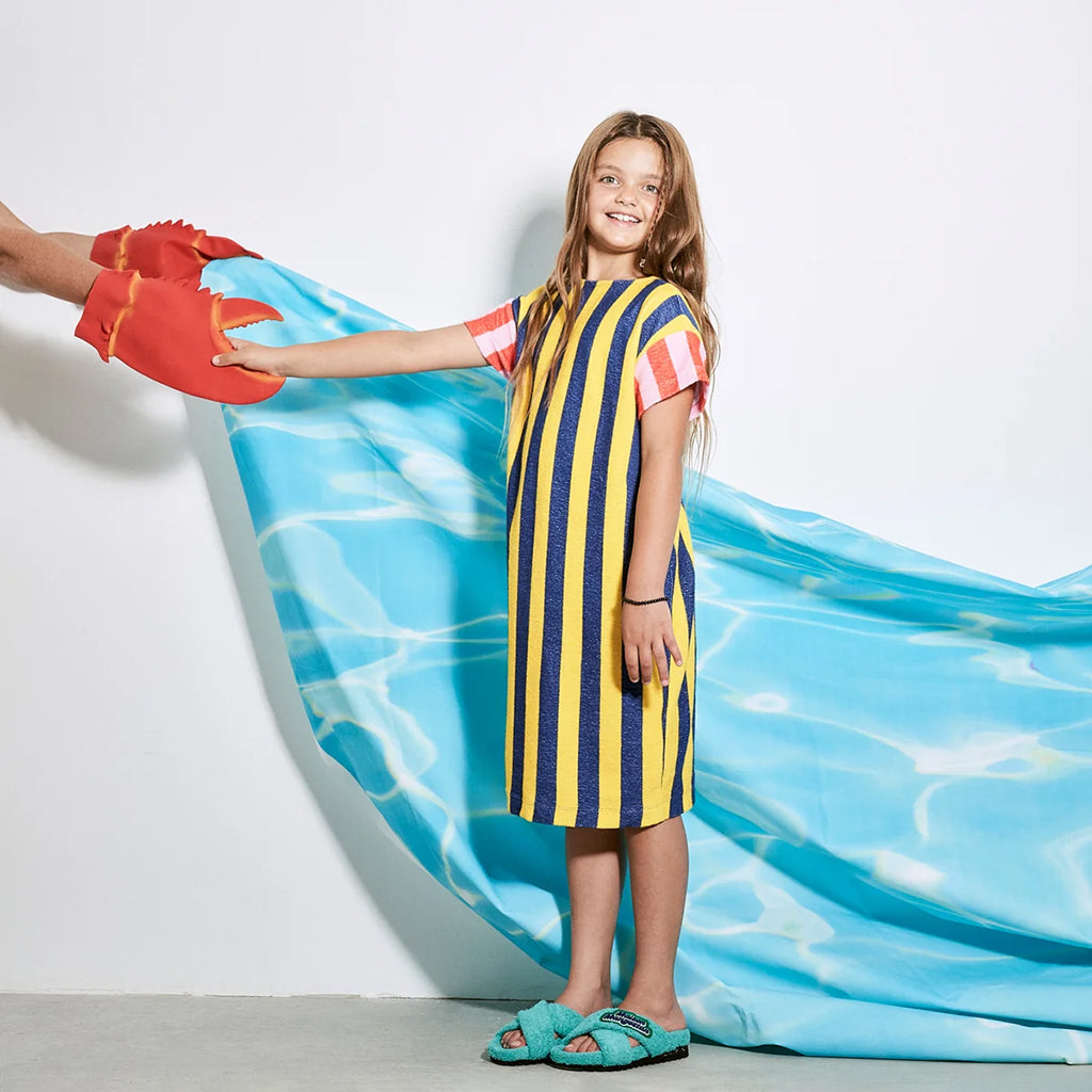 Kids Maison Mangostan Child Terry Dress - Yellow/Blue Stripes | Garmentory Kids Maison Mangostan Child Terry Dress - Yellow/Blue Stripes | Garmentory