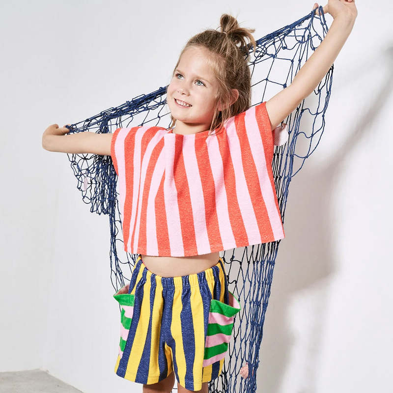 トップス maison mangostan TABLE CLOTH SHIRT 6Y Kids Maison Mangostan Child Terry T Shirt - Pink/Red Stripes