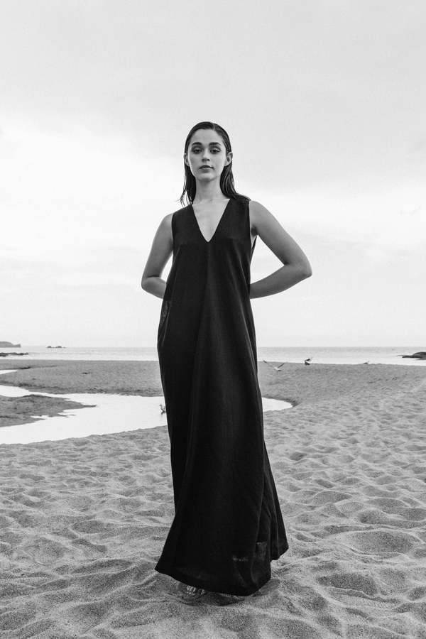 knee length dresses for ladies V-Neck Linen Dress Chania in Black Gingham main image 1