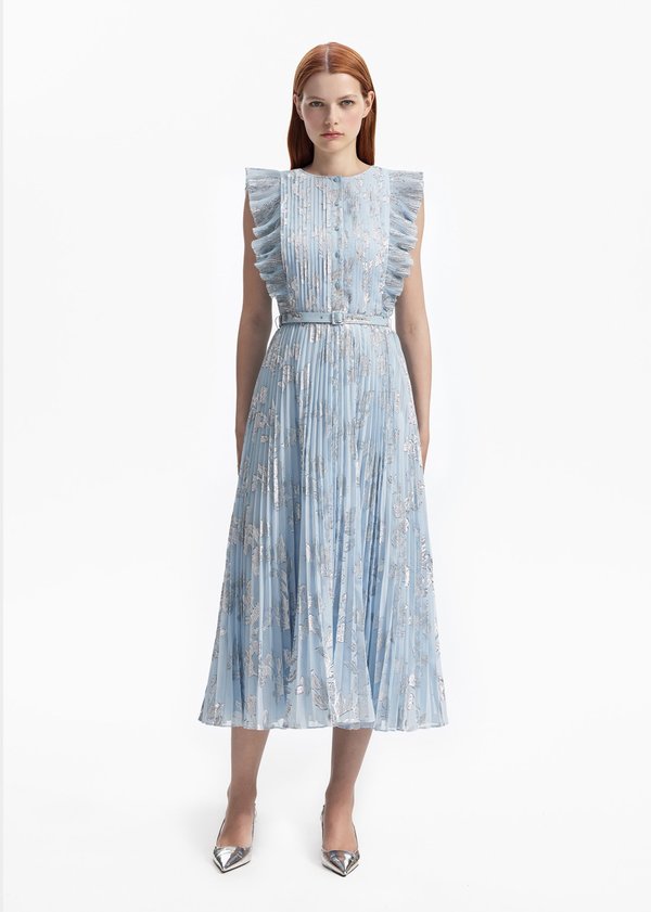blue and white floral dress formal Open-Back Blue Floral-Print Long White Lace Prom Dress Blue/Print / 6