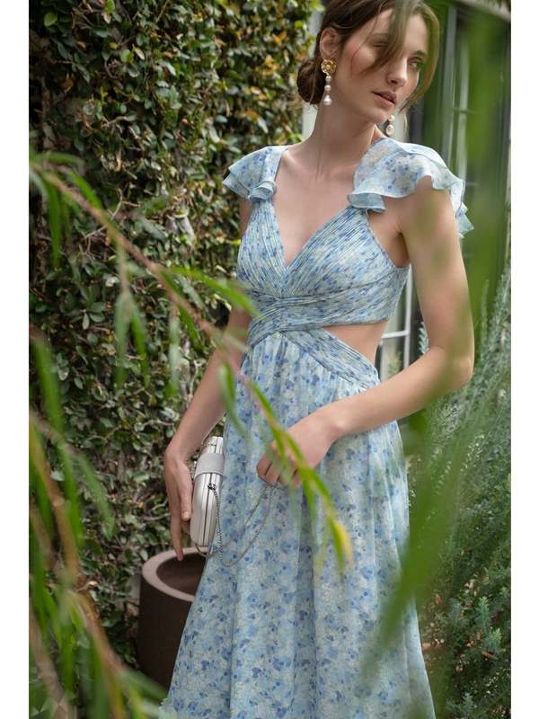 By The River Eliana Floral Pleated Cutout Midi Dress - Blue Multi |  Garmentory