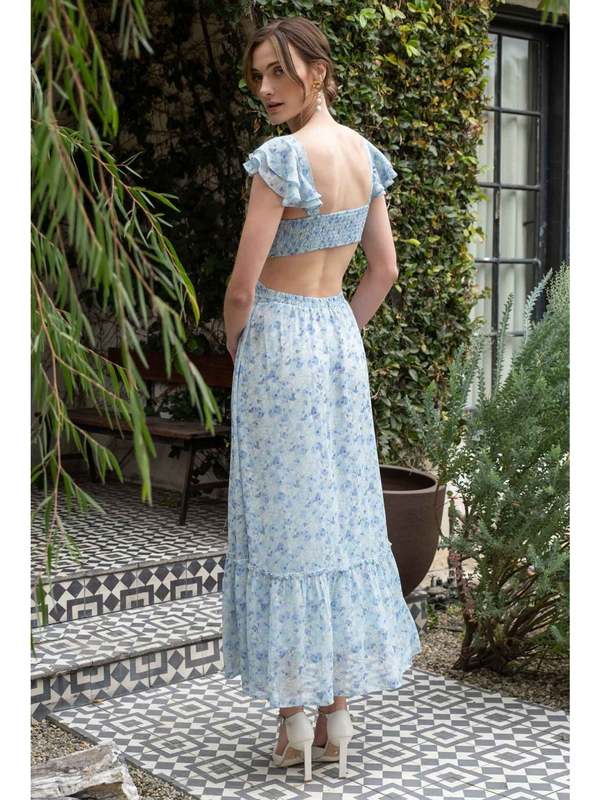 By The River Eliana Floral Pleated Cutout Midi Dress - Blue Multi