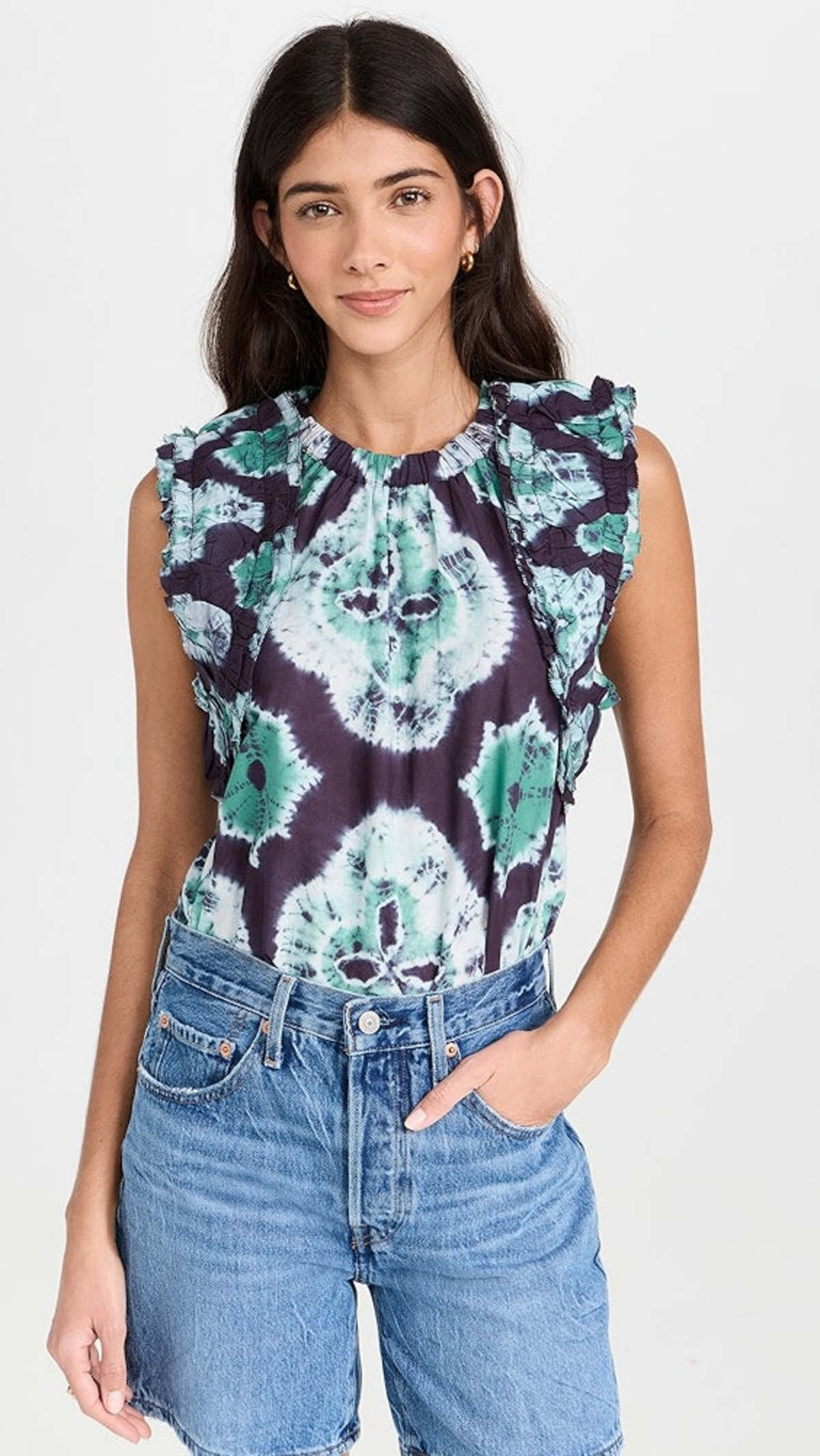 Sea NY Aveline Tie Dye Print Pintucked Tank Top - Teal - Image 1 of 5