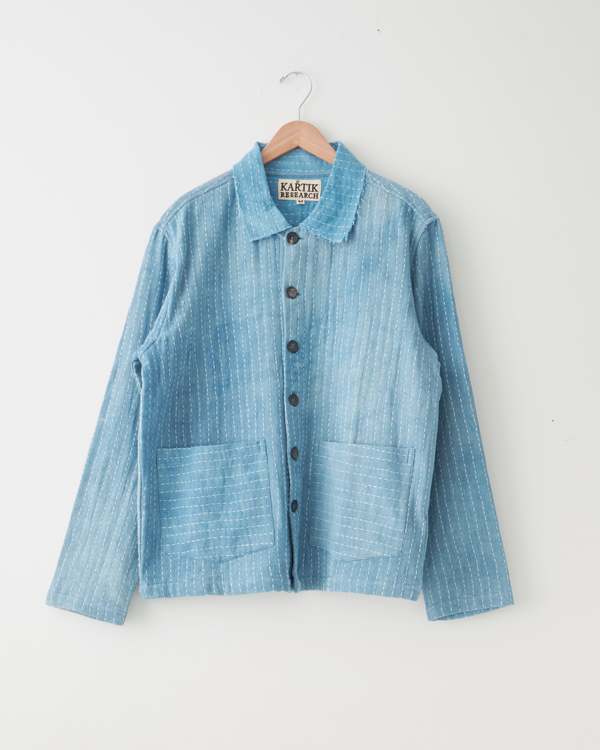 KARTIK RESEARCH Kantha Embroidery Cropped Jacket - Indigo/Ecru