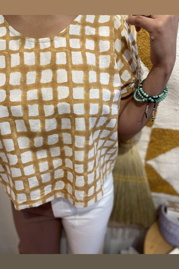 Happy French Gang Top - Ochre Block-Printed Grid