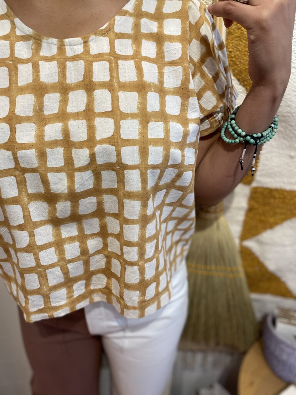 Happy French Gang Top - Ochre Block-Printed Grid - Image 1 of 3