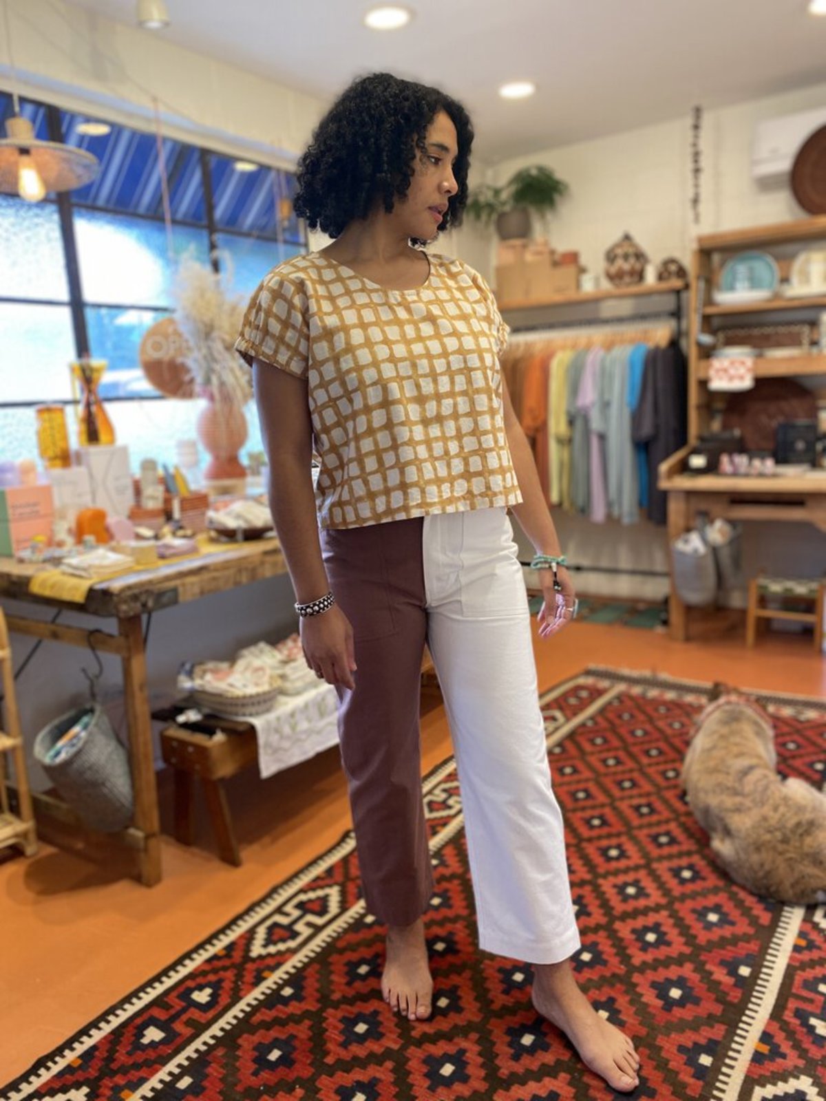 Happy French Gang Top - Ochre Block-Printed Grid - Image 2 of 3