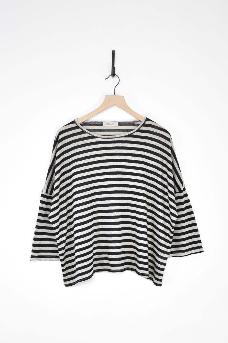 ICHI ANTIQUITES Linen Border Pullover - Natural x Black