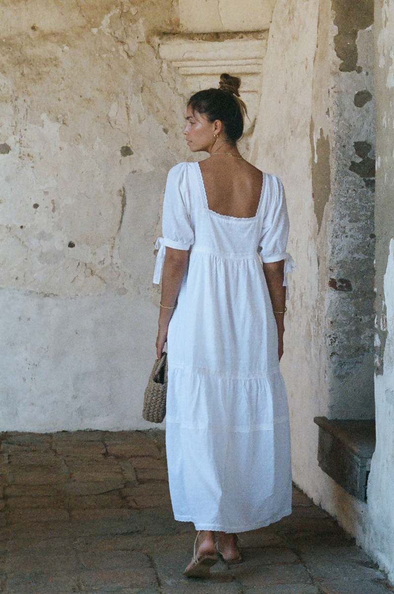 Parker Dress - White Cotton Swiss Dot Dress With Lace Trim, Large by MERRITT CHARLES