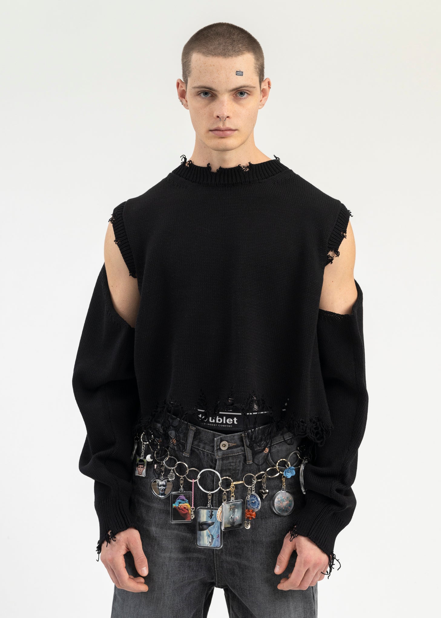 トップス doublet 2WAY SLEEVE SWEATER BLACK-2WAY-SLEEVE-SWEATER-