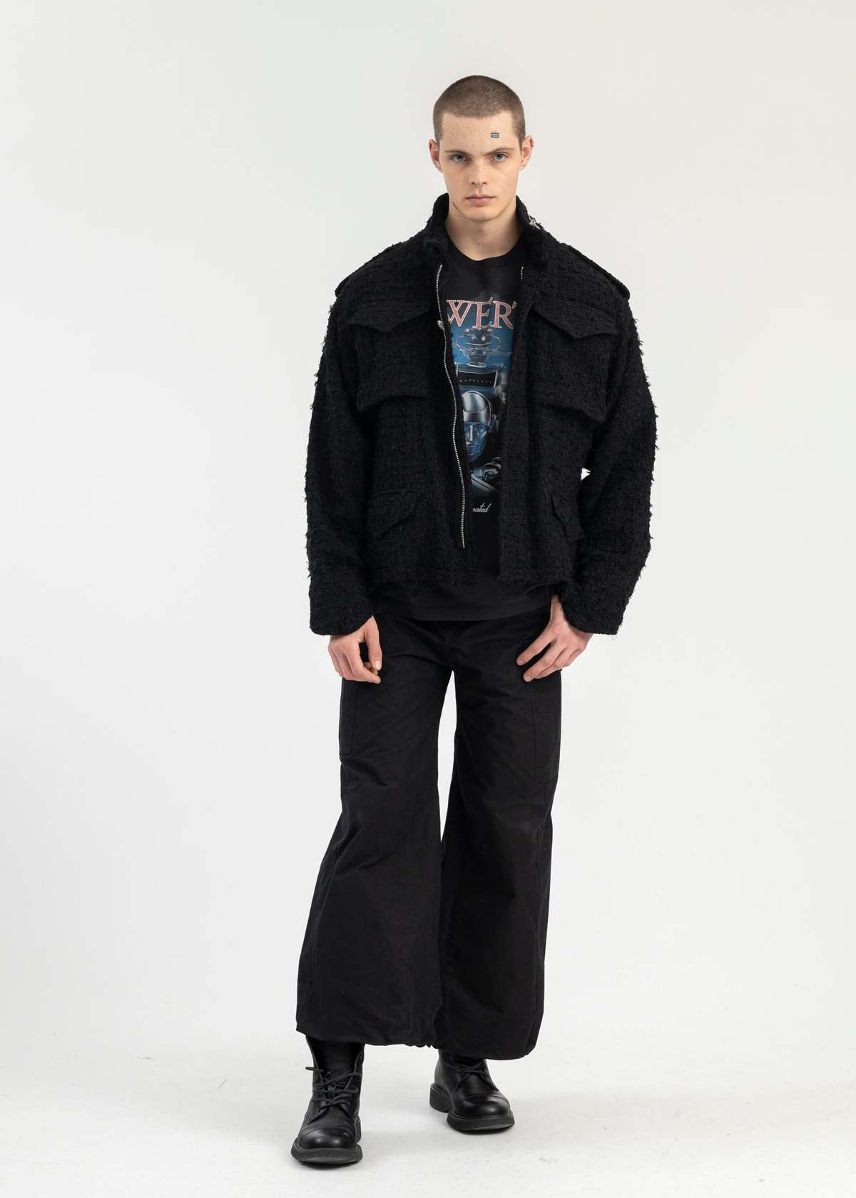 Doublet TWEED CUT OFF FIELD JACKET - BLACK | Garmentory