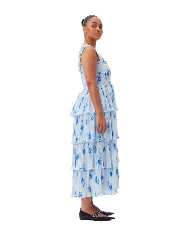Ganni Pleated Georgette Flounce Smock Dress - Blue