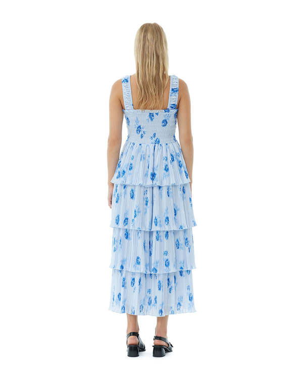 ganni georgette dress blue Ganni Pleated Georgette Dress