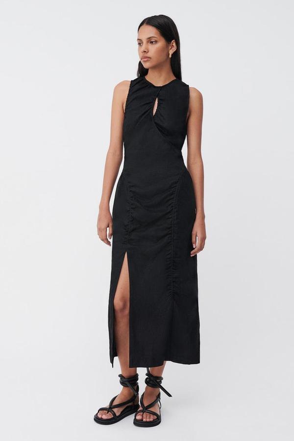 knee length dresses for ladies Matte Viscose Cross Front Dress With Feathers in Black