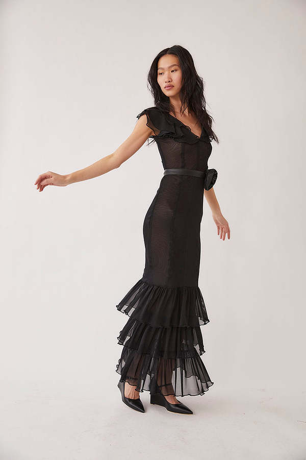 black print dress Black Ruffles Prom Gown with Strapless Corset – loveangeldress main image 1