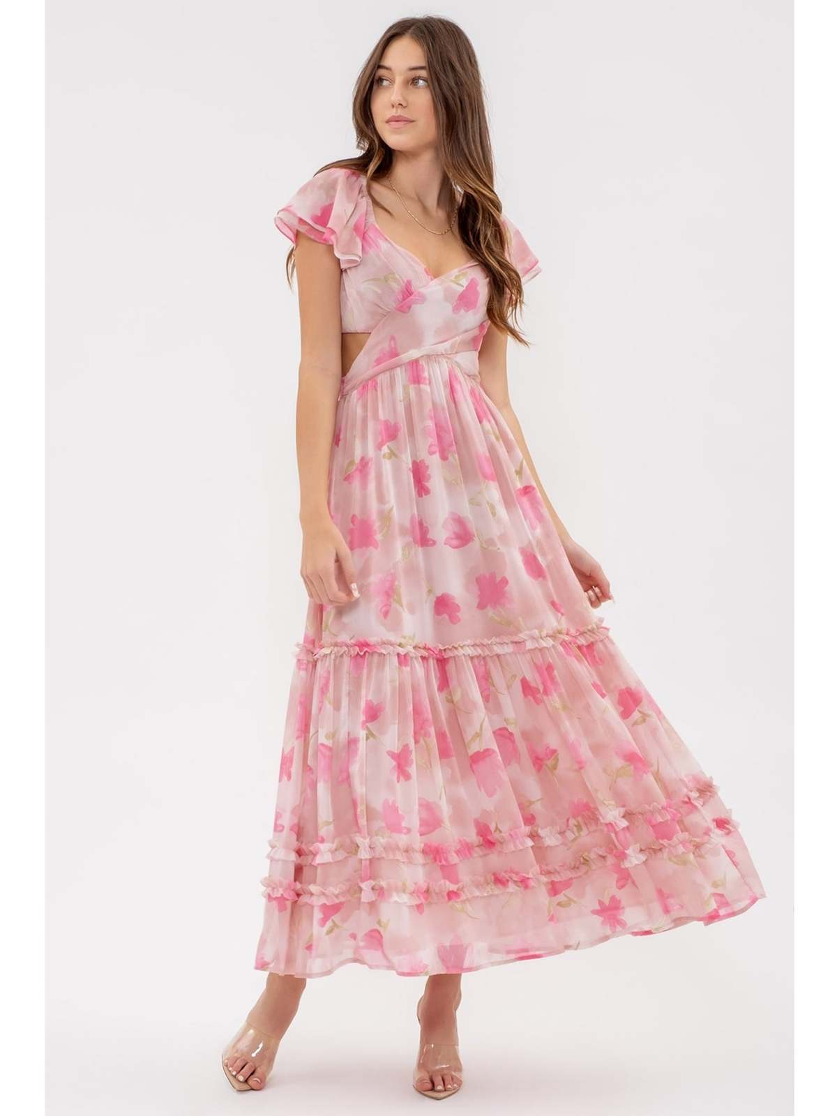 By The River Isla Floral Waist Cutout Ruffle Midi Dress - Dusty Rose Multi 