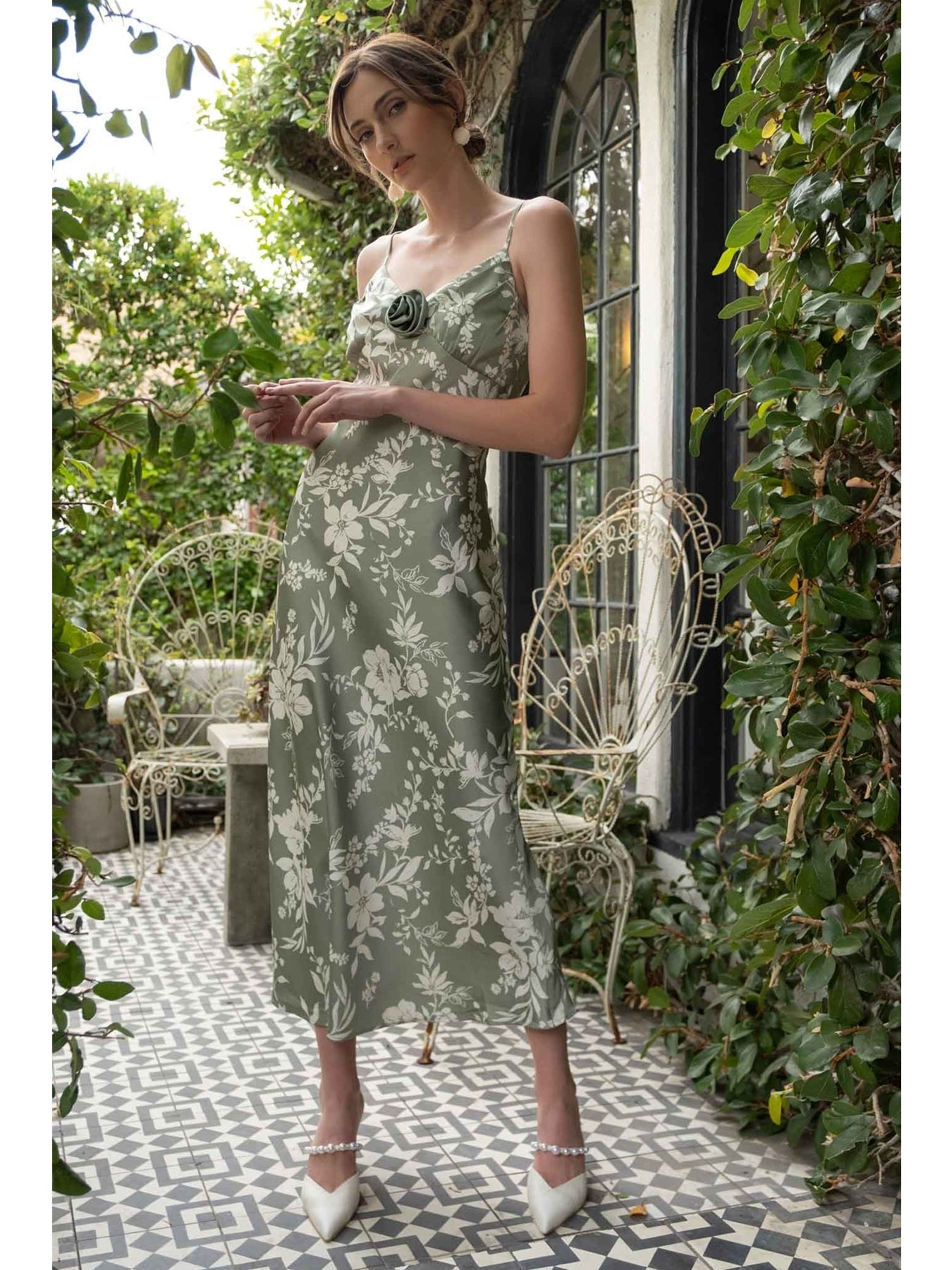 sage green floral twist bust draped midi dress Lady Black Tie - Lorena Midi Dress -sage main image 0