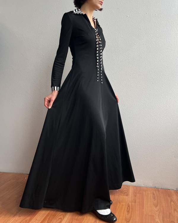 Vintage 70s Stripe Collar Maxidress - Black/White | Garmentory Vintage 70s Stripe Collar Maxidress - Black/White | Garmentory
