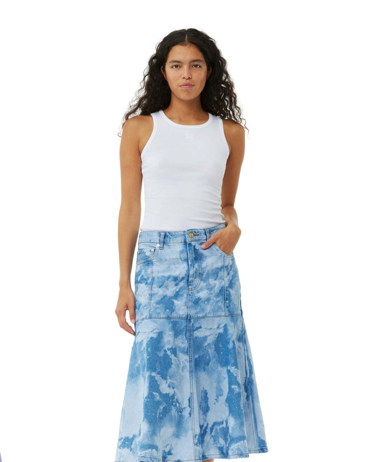 Ganni Blue Bleach Denim Flounce Midi Skirt - Light Wash