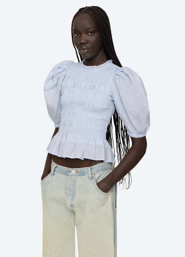 Sea NY Cole Smocked Ramie Long Sleeve Smocked Top - Sky | Garmentory