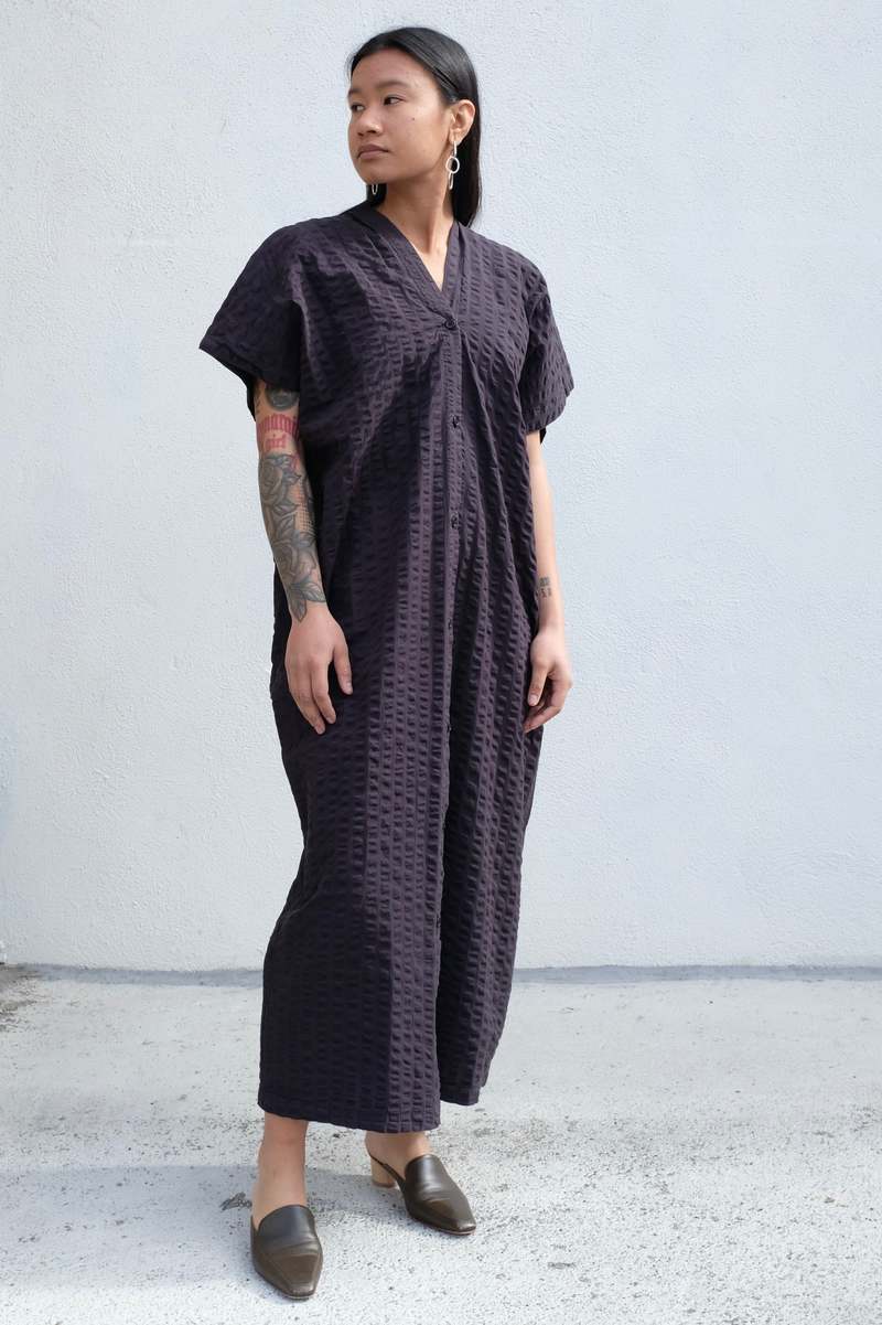 Black Crane Origami Dress - Ink Black Seersucker